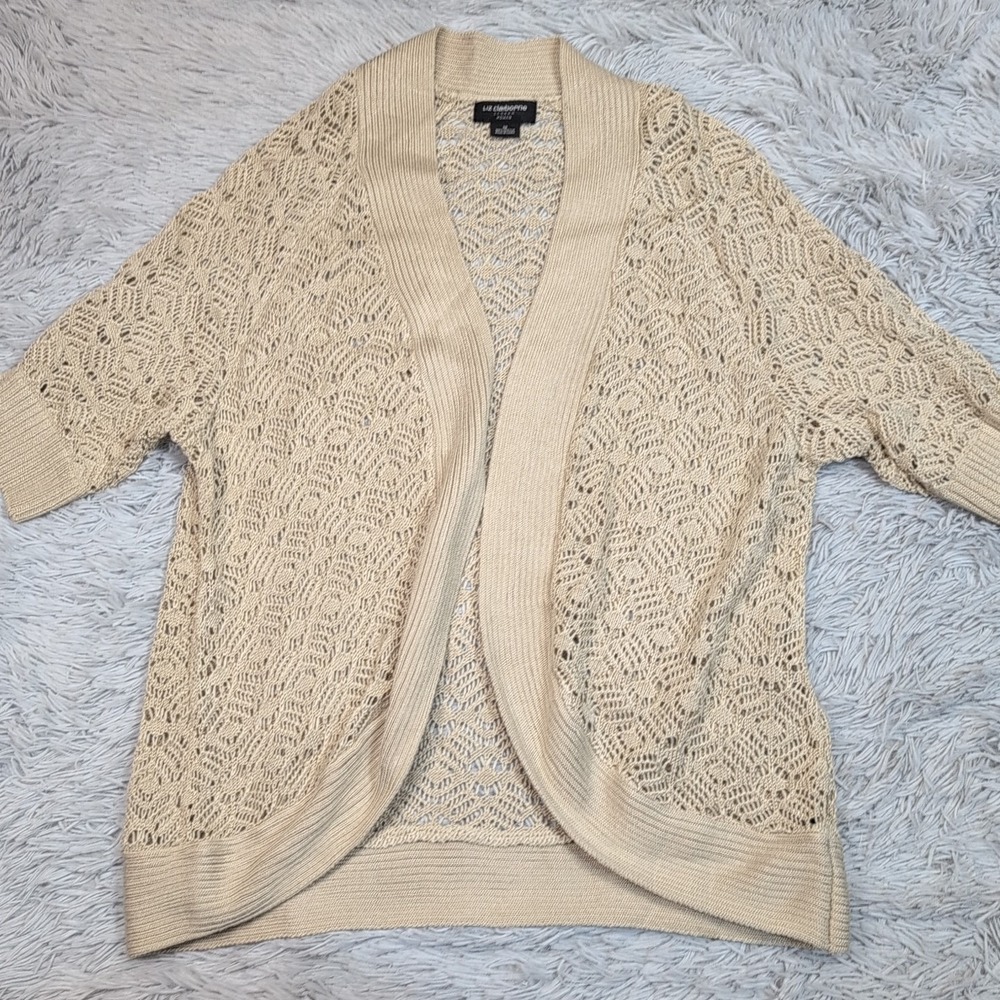 Liz Claiborne Sweater Womens 1X Biege Cardigan Open Front Crochet Sheer Casual